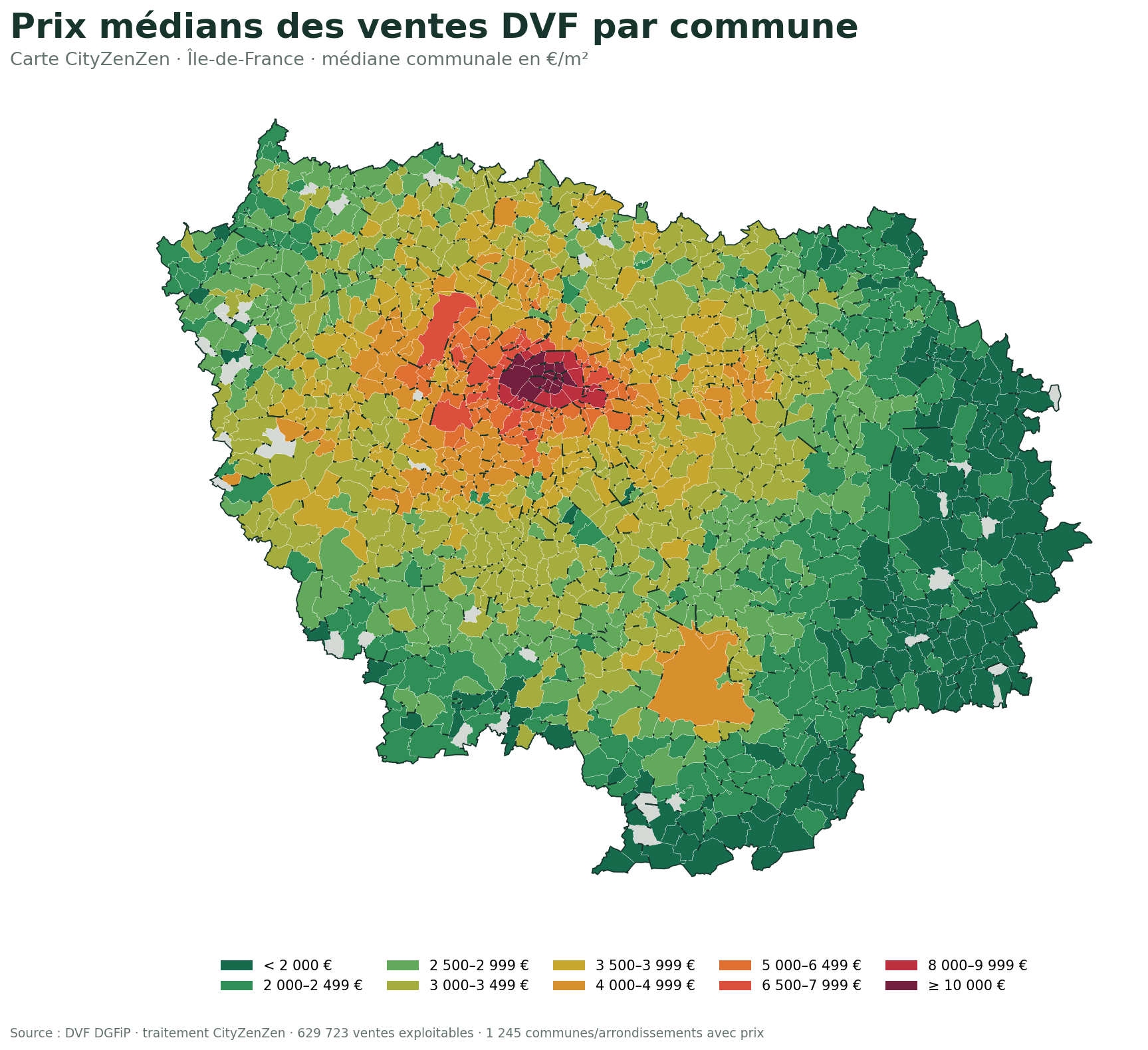 Carte CityZenZen des prix médians des ventes DVF par commune en Île-de-France