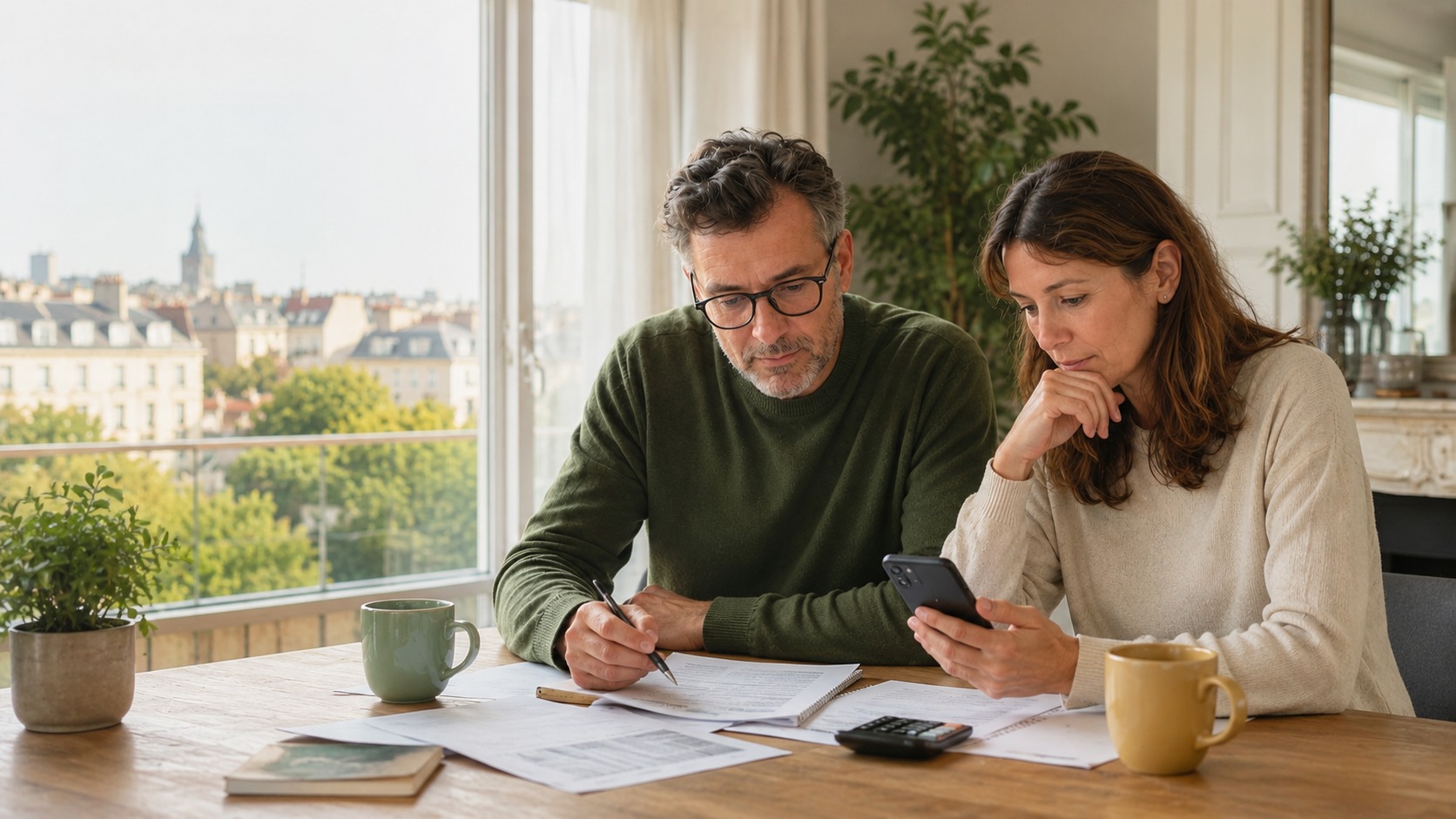 Un couple étudie ses factures et son budget énergétique dans un logement lumineux
