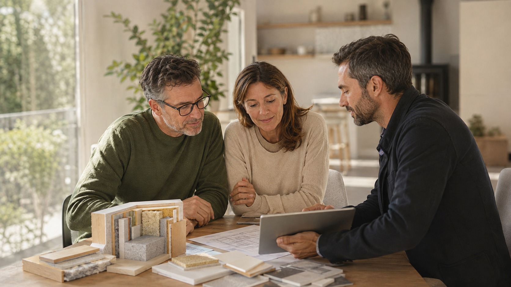 Un couple échange avec un professionnel de la rénovation énergétique autour d’échantillons et de plans