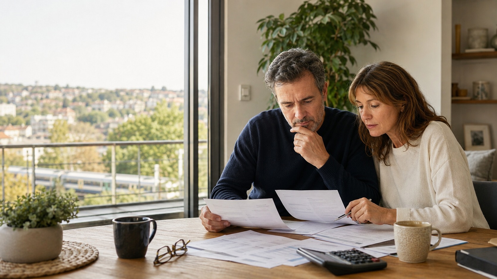 Un couple étudie les implications budgétaires de son projet immobilier dans un appartement lumineux