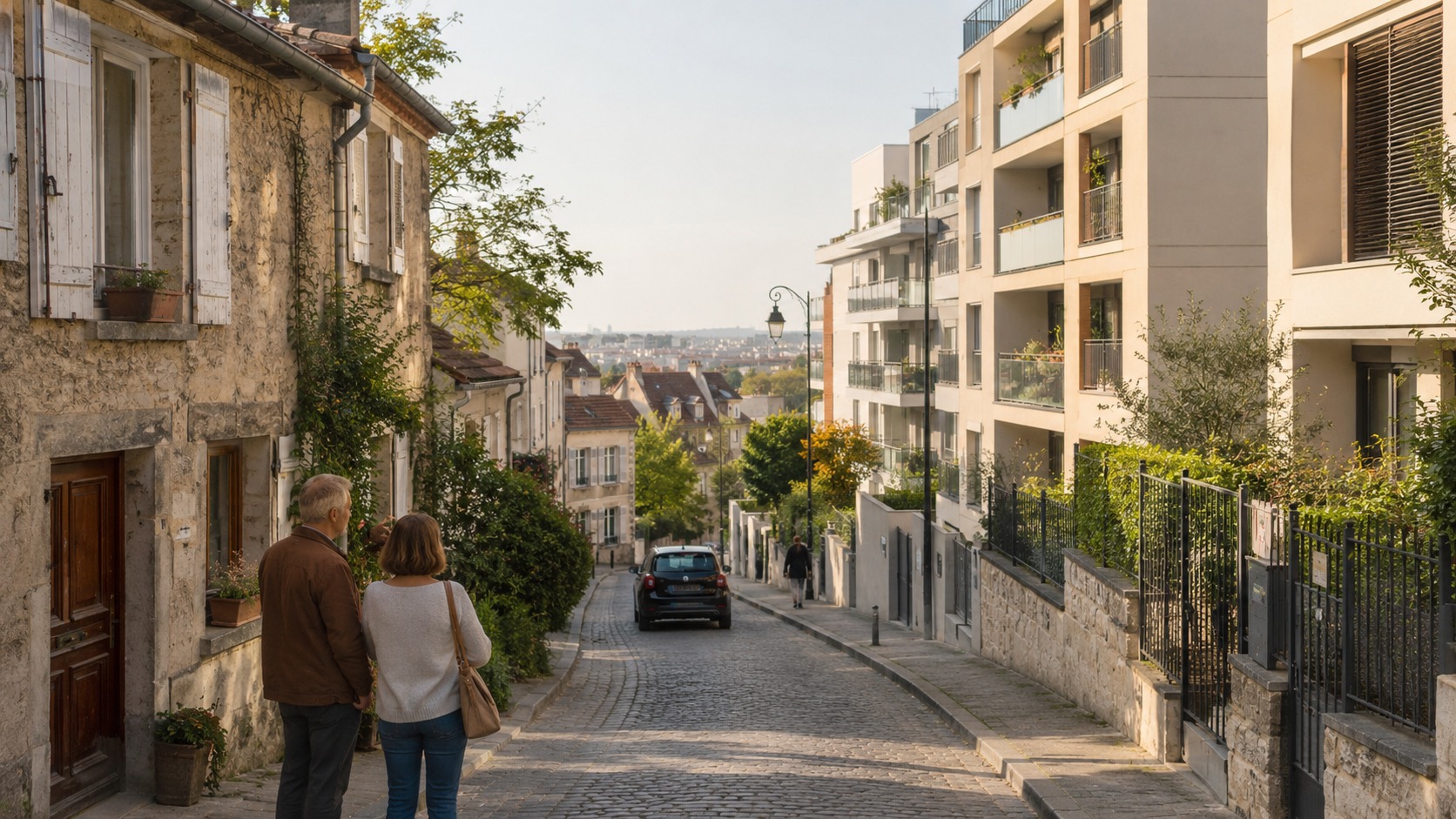 Rue résidentielle d’Île-de-France montrant le contraste entre bâti ancien et immeubles plus récents